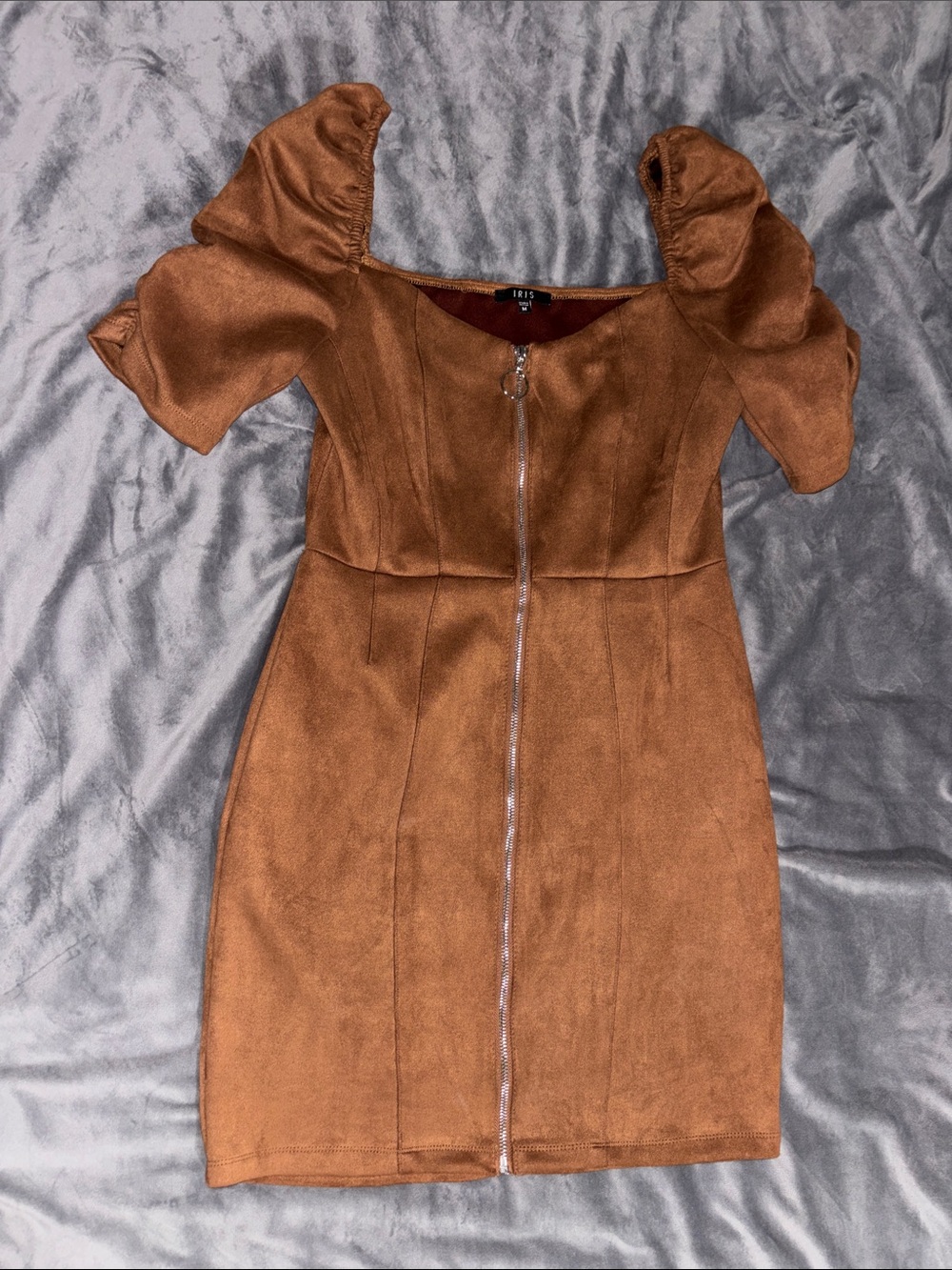 IRIS Camel Brown Faux Suede Puff Sleeve Zip Front Mini Dress M